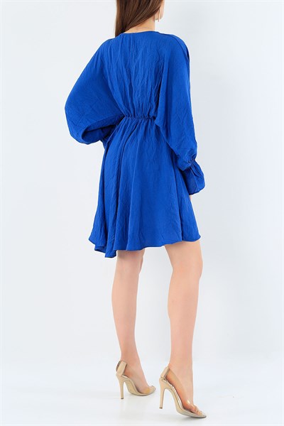Beli Lastikli Pile Detay Mavi Elbise 29254B