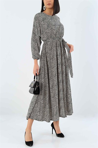 Beli Lastikli Siyah Desenli Elbise 29029B