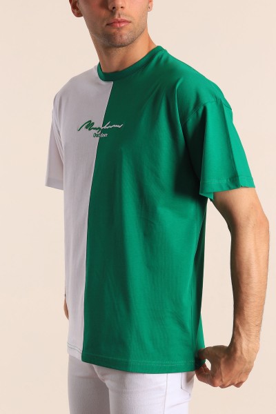 Benetton Yeşili Beyaz Oversize Nakışlı  Erkek Tişört 184246