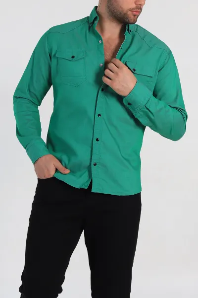 Benetton Yeşili Çift Cepli Çıt Çıt Düğmeli Erkek Kot Gömlek 298725