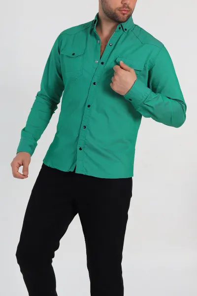 Benetton Yeşili Çift Cepli Çıt Çıt Düğmeli Erkek Kot Gömlek 298725