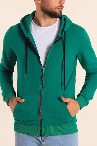 Benetton Yeşili Fermuarlı Kapüşonlu Erkek Sweatshirt 236549