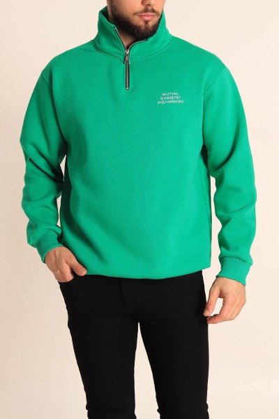 Benetton Yeşili Oversize Kabartma Yazılı Üç İp Yarım Fermuar Sweatshirt 219056