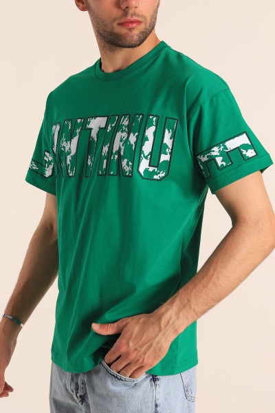 Benetton Yeşili Regular Fit Continue Baskılı Erkek Tişört 186607