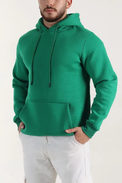 Benetton Yeşili Regular Fit Üç İp Şardonlu Erkek Kapüşonlu Basic Sweatshirt 400529