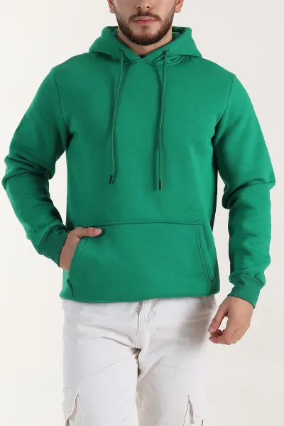 Benetton Yeşili Regular Fit Üç İp Şardonlu Erkek Kapüşonlu Basic Sweatshirt 400529