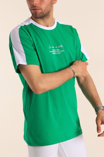 Benetton Yeşili Relaxed Fit Kabartma Slogan Baskılı Erkek Tişört 186582