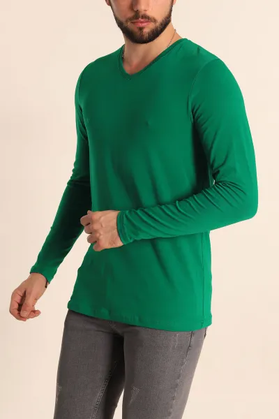 Benetton Yeşili Slim Fit V Yaka Likralı Basic Erkek Sweatshirt 234987