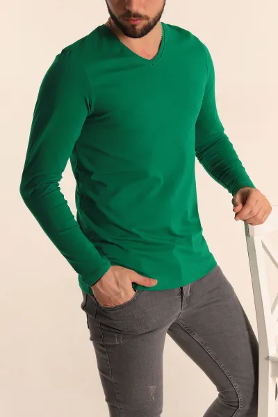 Benetton Yeşili Slim Fit V Yaka Likralı Basic Erkek Sweatshirt 234987