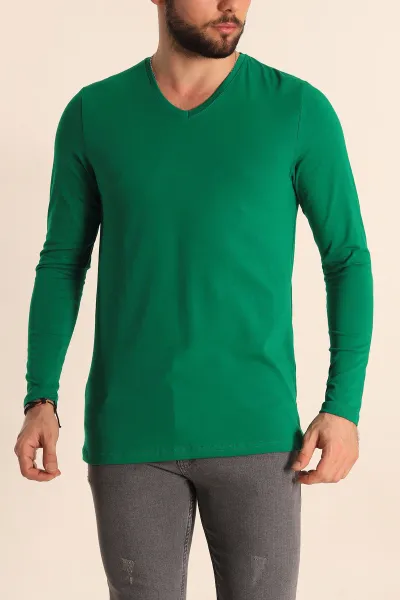 Benetton Yeşili Slim Fit V Yaka Likralı Basic Erkek Sweatshirt 234987