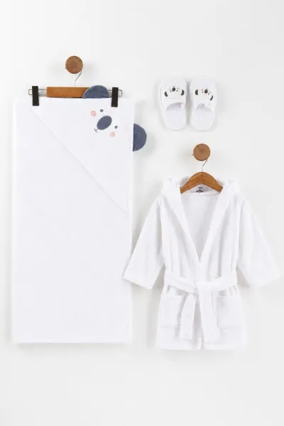 Beyaz (0-24 Ay) Koala  Nakışlı Unisex Bebek Bornoz Seti 475603