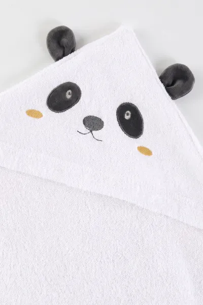 Beyaz (0-24 Ay) Panda Nakışlı Unisex Bebek Bornoz Seti 475599