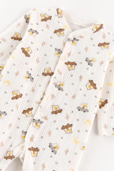 Beyaz (0-3 Ay) Araba Baskılı Raporlu Battaniyeli Erkek Bebek 5'li Set 487186