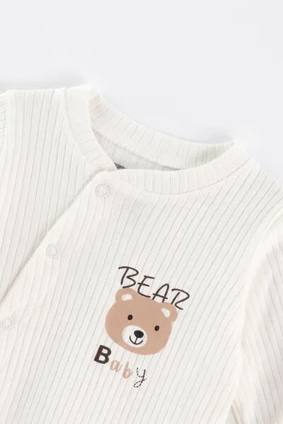 Beyaz (0-3 Ay) Baby Ayıcık Baskılı Raporlu ve Patikli  2'li Erkek Bebek Tulum 486915