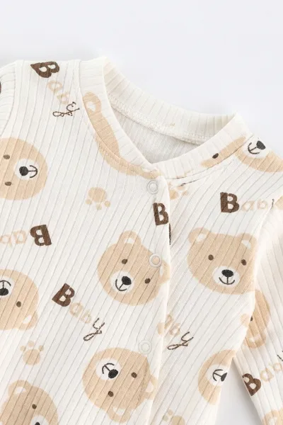 Beyaz (0-3 Ay) Baby Ayıcık Baskılı Raporlu ve Patikli  2'li Erkek Bebek Tulum 486915