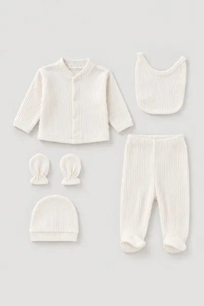 Beyaz (0-3 Ay) Raporlu Penye Kutulu Unisex 5'li Hastane Çıkış Seti 476629