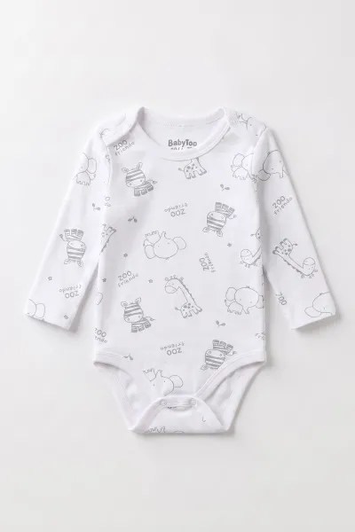Beyaz (0-3 Yaş) Safari Desenli Uzun Kol Bebek &Çocuk Çıtçıtlı Badi 482378