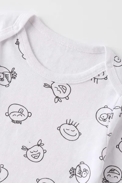 Beyaz (0-3 Yaş)  Sevimli Surat Desenli Uzun Kol Bebek &Çocuk Çıtçıtlı Badi 492147