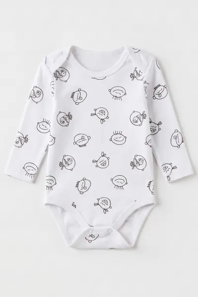 Beyaz (0-3 Yaş)  Sevimli Surat Desenli Uzun Kol Bebek &Çocuk Çıtçıtlı Badi 492147