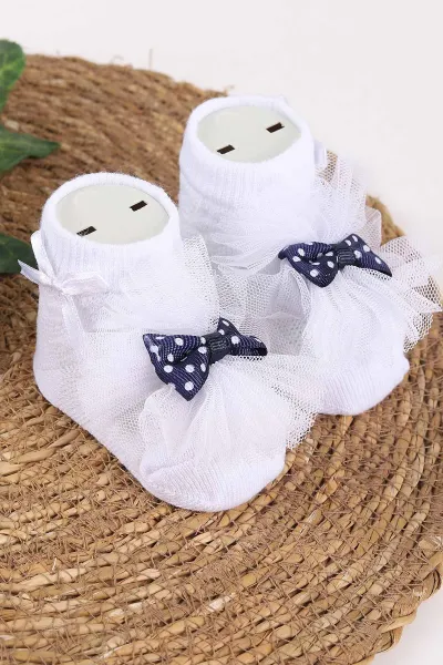 Beyaz  (0-6 Ay) Fiyonk Aksesuarlı Tüllü  Kız Bebek Çorap 467442