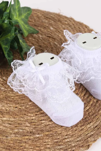 Beyaz (0-6 Ay) Tüllü Kız Bebek Çorap 467505