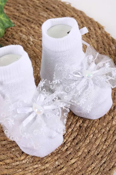 Beyaz (0-6 Ay)Tül Aksesuarlı Kız Bebek Çorap 445949