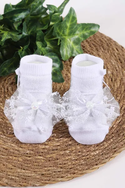 Beyaz (0-6 Ay)Tül Aksesuarlı Kız Bebek Çorap 445949