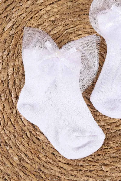 Beyaz (0-6 Ay)Tüllü ve İncili Kız Bebek Çorap 467619