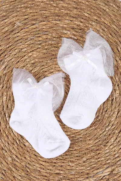 Beyaz (0-6 Ay)Tüllü ve İncili Kız Bebek Çorap 467619