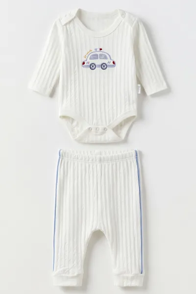 Beyaz (0-9 Ay) Araba Nakışlı Penye Erkek Bebek Takım 488232