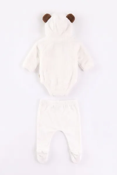 Beyaz (0-9 Ay) Ayıcık Nakışlı Peluş Çıtçıtlı Badili Patikli Alt Erkek Bebek Takım 497564