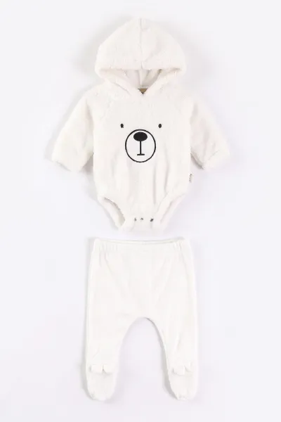 Beyaz (0-9 Ay) Ayıcık Nakışlı Peluş Çıtçıtlı Badili Patikli Alt Erkek Bebek Takım 497564