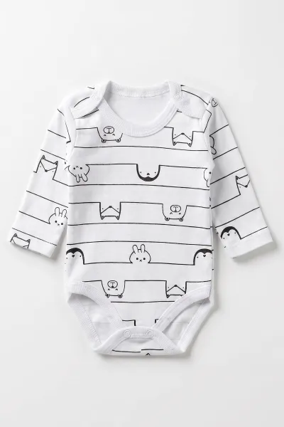 Beyaz (0-9 Ay) Çizgili Hayvan Desenli Bebek Çıtçıtlı Badi 482293