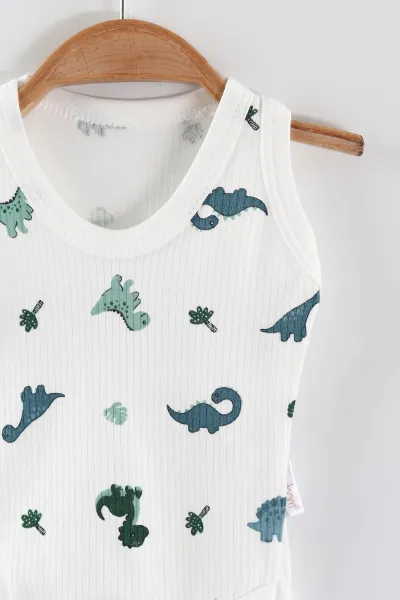 Beyaz (0-9 Ay) Dino Baskılı    Unisex Bebek Çıtçıtlı Badi 441451