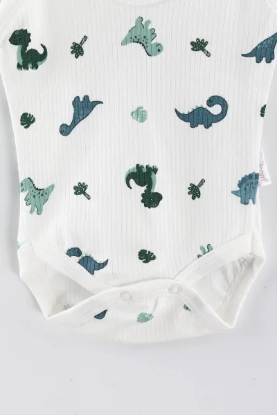 Beyaz (0-9 Ay) Dino Baskılı    Unisex Bebek Çıtçıtlı Badi 441451