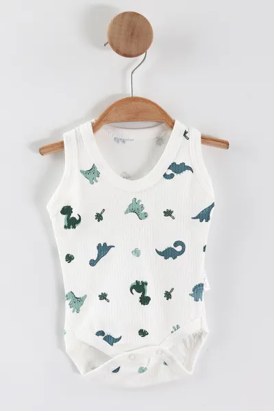 Beyaz (0-9 Ay) Dino Baskılı    Unisex Bebek Çıtçıtlı Badi 441451