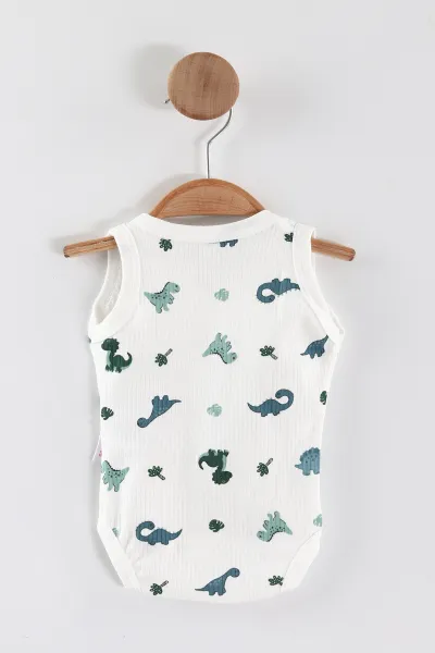 Beyaz (0-9 Ay) Dino Baskılı    Unisex Bebek Çıtçıtlı Badi 441451