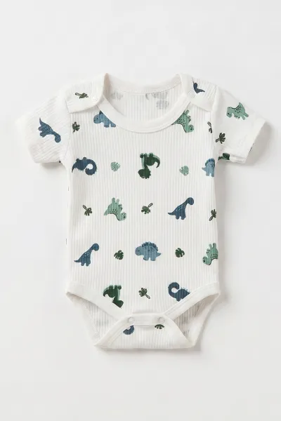 Beyaz (0-9 Ay )  Dinozor  Baskılı Kısa Kol  Bebek & Çocuk Çıtçıtlı Badi 480434