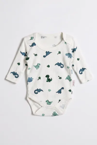 Beyaz (0-9 Ay )  Dinozor Desenli  Uzun Kollu    Bebek & Çocuk Çıtçıtlı Badi 480356