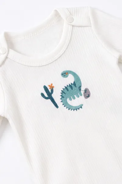 Beyaz (0-9 Ay) Dinozor Nakışlı Raporlu Erkek Bebek Takım 480455