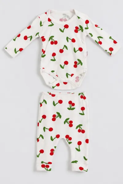 Beyaz (0-9 Ay) Kiraz  Baskılı  Raporlu    Kız Bebek Takım 480497