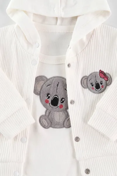Beyaz (0-9 Ay) Koala Nakışlı Zıbınlı Hırkalı 3'lü Kız Bebek Takım 475961
