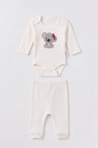 Beyaz (0-9 Ay) Koala Nakışlı Zıbınlı Hırkalı 3'lü Kız Bebek Takım 475961