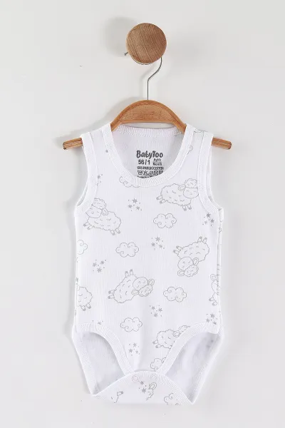 Beyaz (0-9 Ay) Kuzu Desenli   Sıfır Kol Bebek Çıtçıtlı Badi 462993