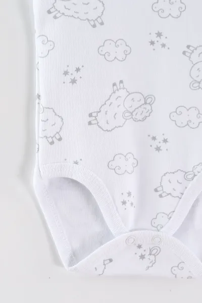Beyaz (0-9 Ay) Kuzu Desenli   Sıfır Kol Bebek Çıtçıtlı Badi 462993