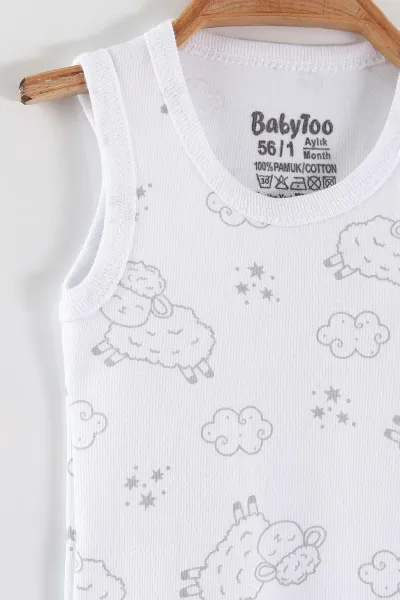 Beyaz (0-9 Ay) Kuzu Desenli   Sıfır Kol Bebek Çıtçıtlı Badi 462993
