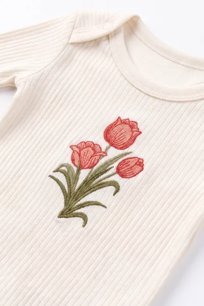 Beyaz (0-9 Ay) Lale Nakışlı   Kız Bebek Takım 480479