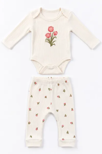 Beyaz (0-9 Ay) Lale Nakışlı   Kız Bebek Takım 480479