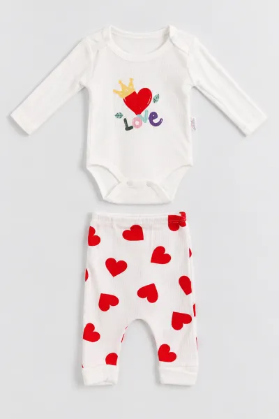 Beyaz (0-9 Ay) Love Baskılı    Kız Bebek Takım 480494