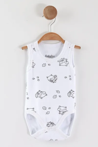 Beyaz (0-9 Ay) Rakun Desenli   Sıfır Kol Bebek Çıtçıtlı Badi 462998